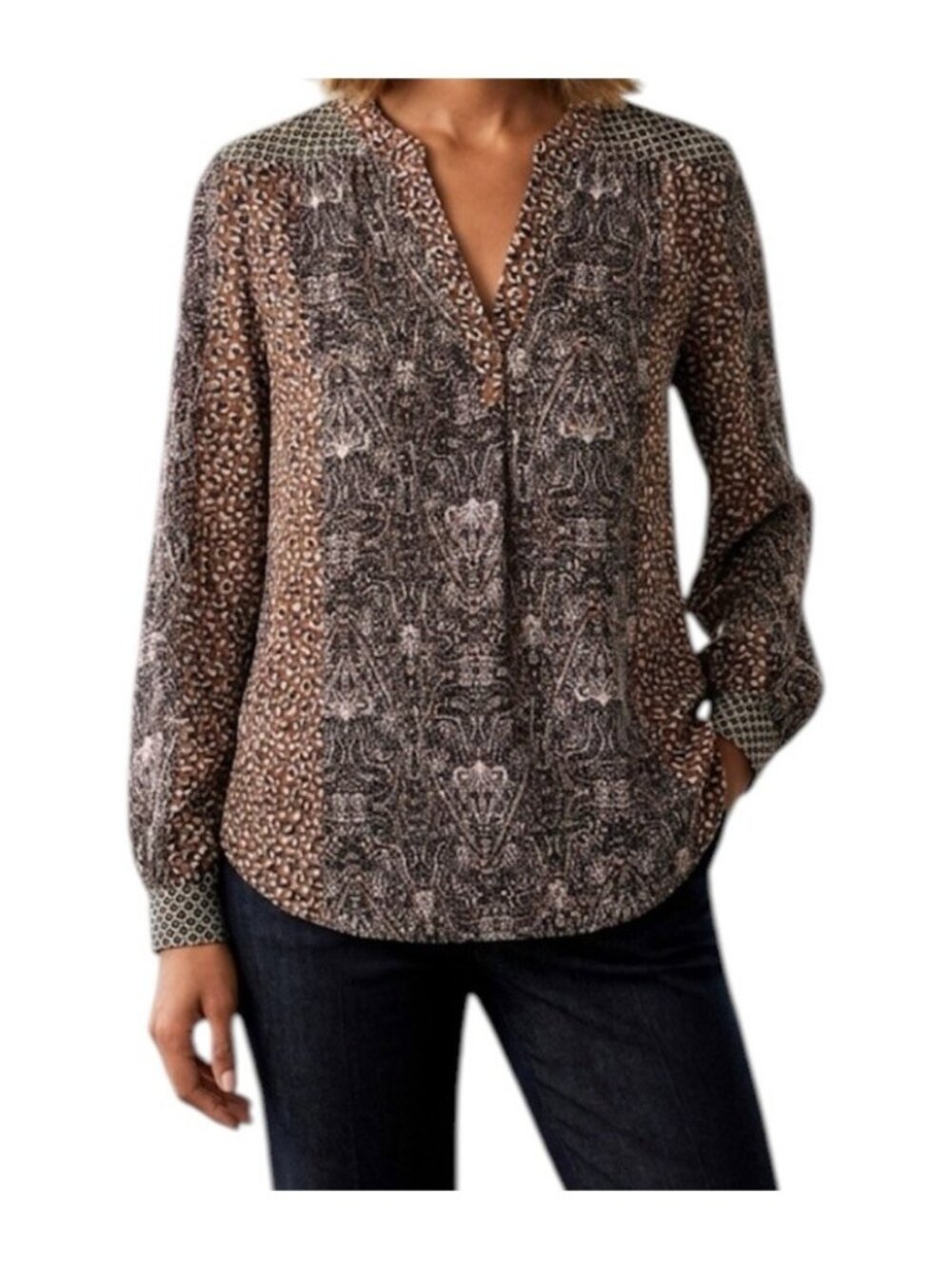 Allison Joy Brown Pink Mixed Pattern V Neck Long Sleeve Boho Chic Blouse Medium